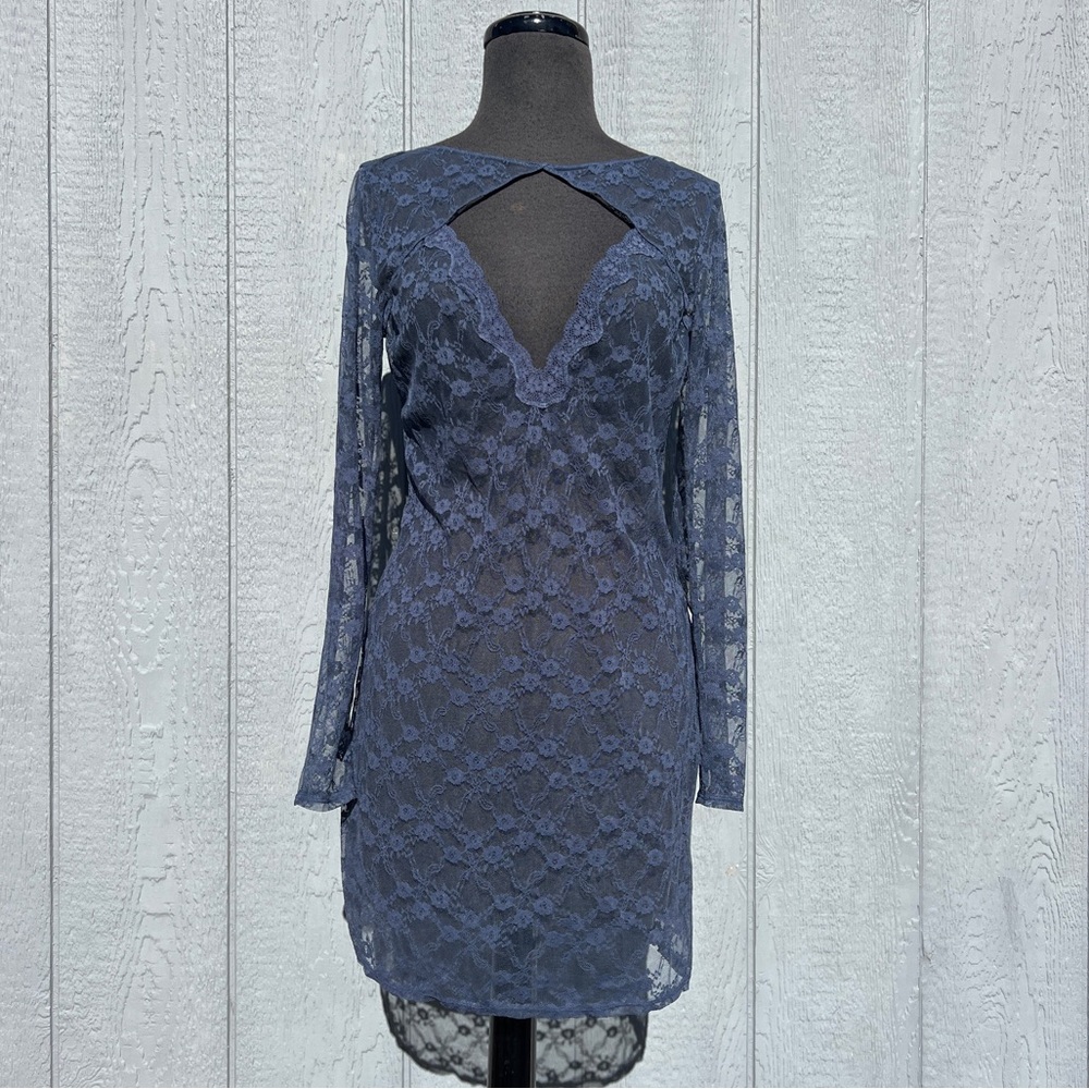 Victoria's Secret Sheer Lace Long Sleeve Dress in Slate Blue, L